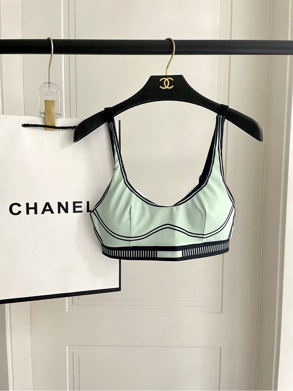 ALO Yoga Mint Green Sports Bralette with Black Trim